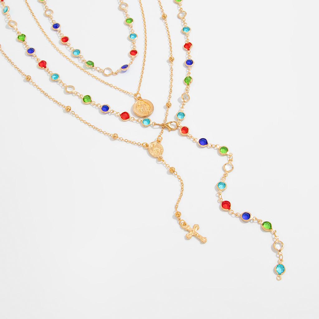 4PC Crystal Colorful Bead Choker Necklace,Summer Beach Multi Crystal Chest Chain Jewelry Rhinestone Cross Pendant Long Tassel Clavicle Chain for Women