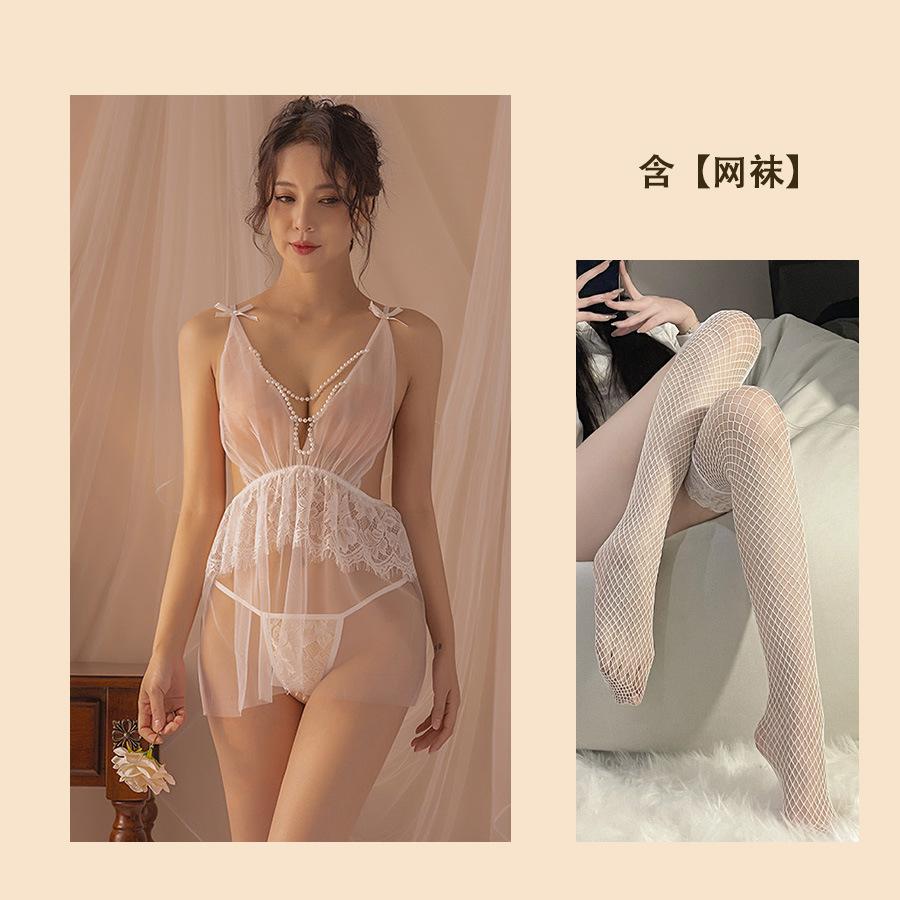 Sexy Lingerie Sexy Perspective Small Chest Bed Passion Pure Desire Pearl Mesh Deep V Hot Hollow Nightdress
