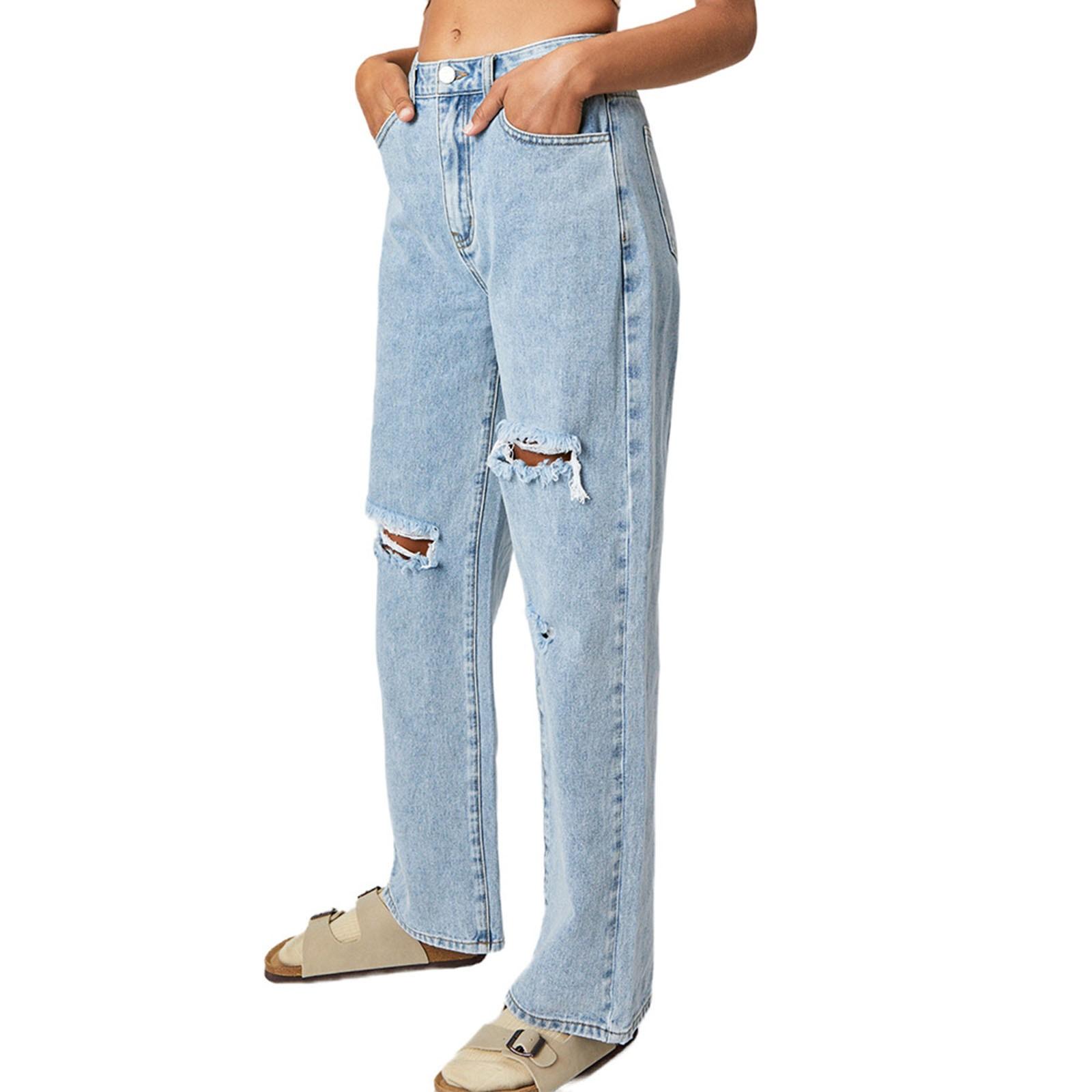 

Женские синие потертые рваные прямые брюки XS светло-синий