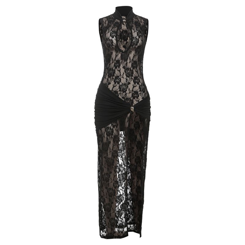 

# Sisjuly# Cool Dark Adult Lady like Woman Wind Sexy Cutout Ruched High Slit Silm Sexy Dress Female Fashion Black L