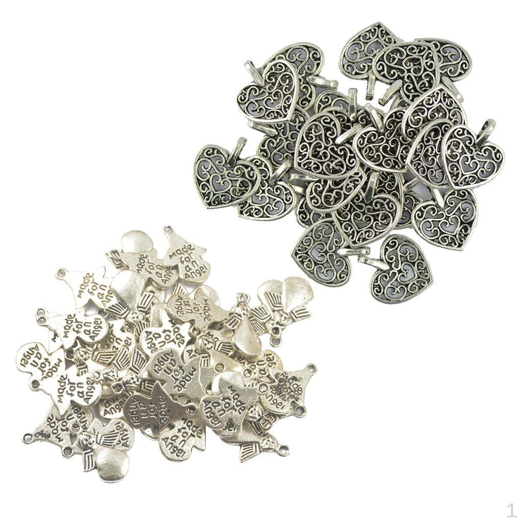 50 Pcs Tibetan Silver Filigree Heart Charms + 50Pcs AN ANGEL