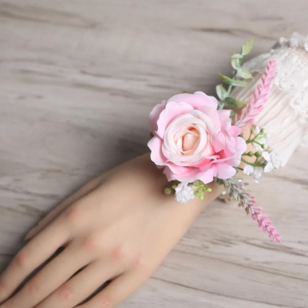 6pcs Rustic Artificial Rose Boutonniere Corsage Set Dusty Rose White Wristband Prom Suit Flowers for Wedding Ceremony
