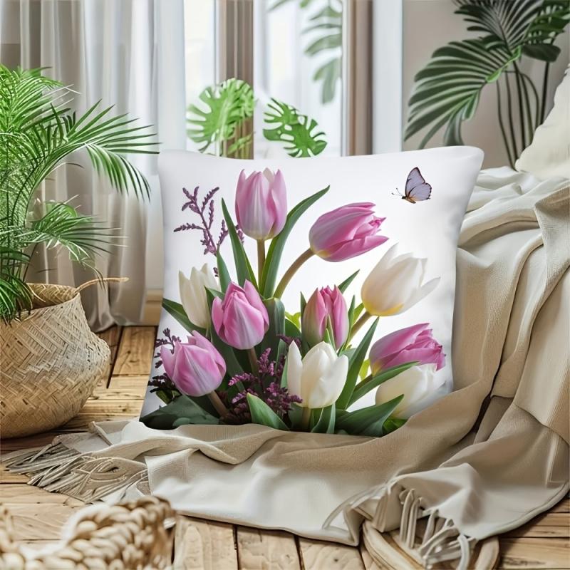 Vikama Retro-Style Pillowcase Spring Tulip & Butterfly Design Sofa Bed Home Decor Cushion Cover