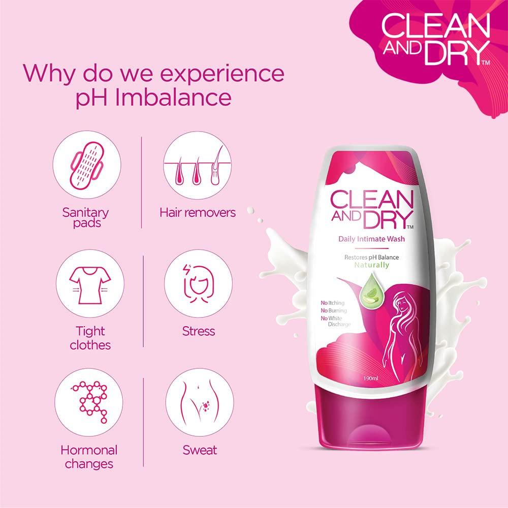Clean & Dry Daily Intimate Wash For Women Gentle Hygiene Cleanser pH Balanced Vaginal Wash Smoothing Body Care 190ml