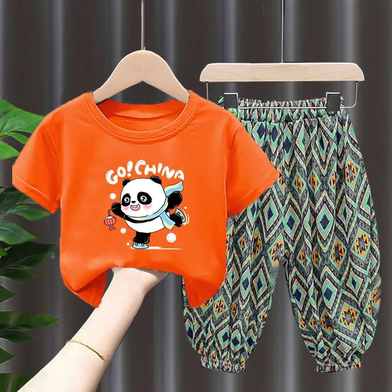 Panda Cartoon Pattern Set Children's Summer Thin Suit Casual Pants + Round Neck Short Sleeve T-Shirt Two-piece Set