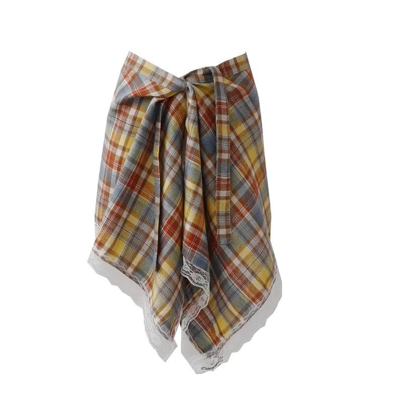 

Womens Plaid Lace Trim Irregular Tie-Front Skirt OneSize жёлтый