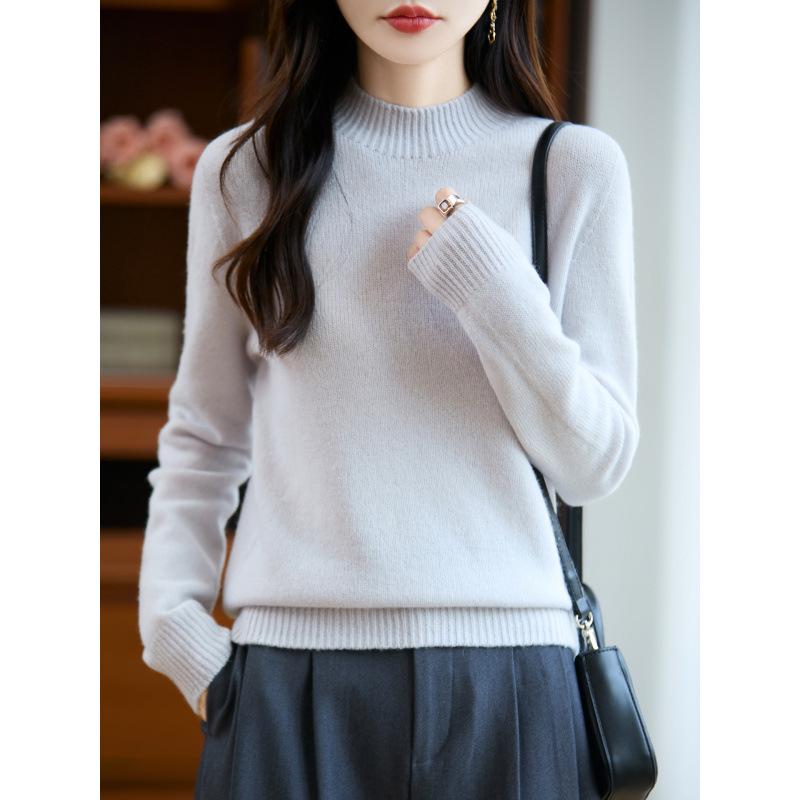 Women's 25% Pure Wool Seamless Half-High Collar Sweater - Autumn/Winter Warm Base Layer Knitwear