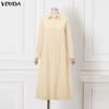 VONDA Women Elegant Lapel Neck Long Sleeve Baggy Pleated Casual Long Shirts Dress