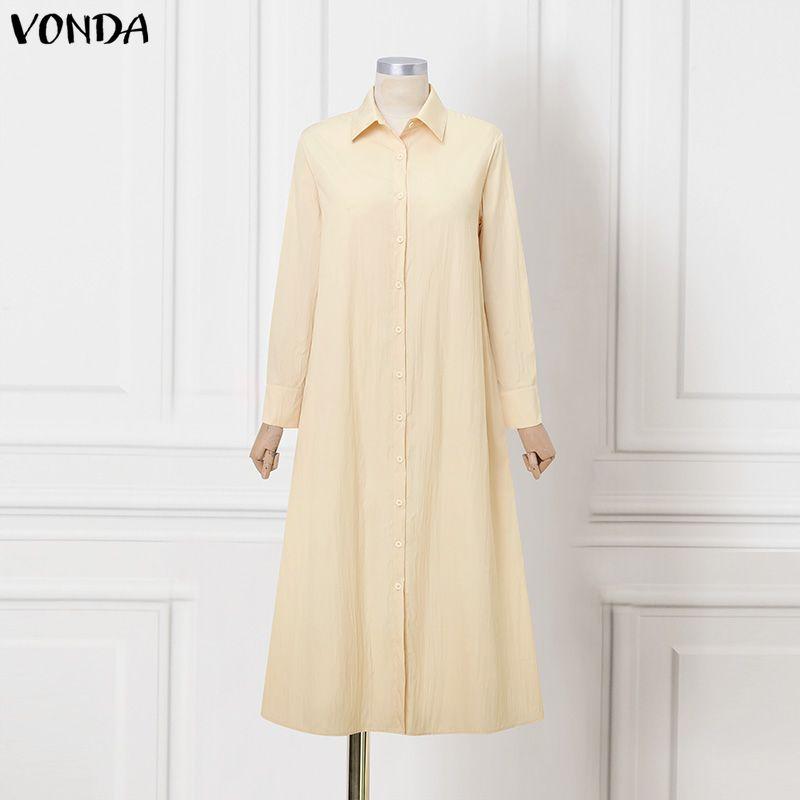 VONDA Women Elegant Lapel Neck Long Sleeve Baggy Pleated Casual Long Shirts Dress