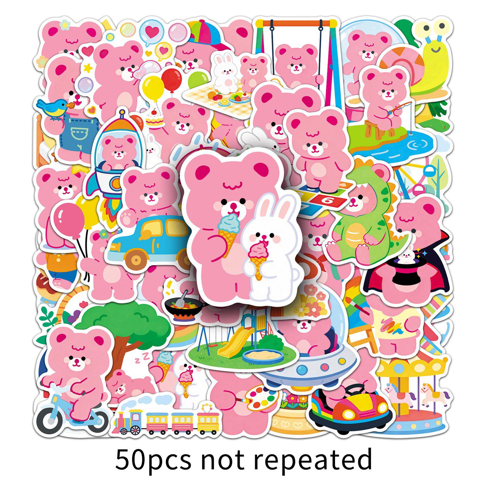 50 Sheets Cute Little Bear Stickers - Hand-Painted Pink Cartoon Animal Waterproof Decorative Stationery.