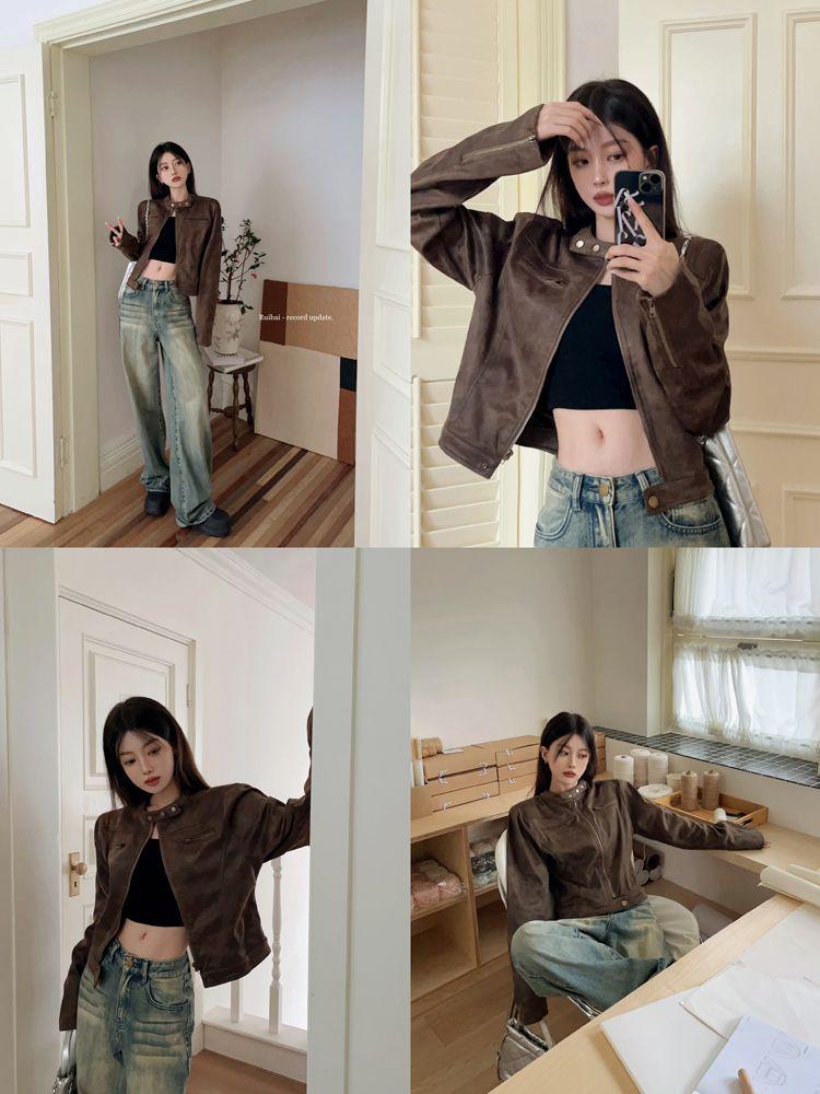 American Retro Distressed Coffee Brown PU Leather Short Jacket - Spring 2025 Hot Girl Stand Collar Versatile Design.