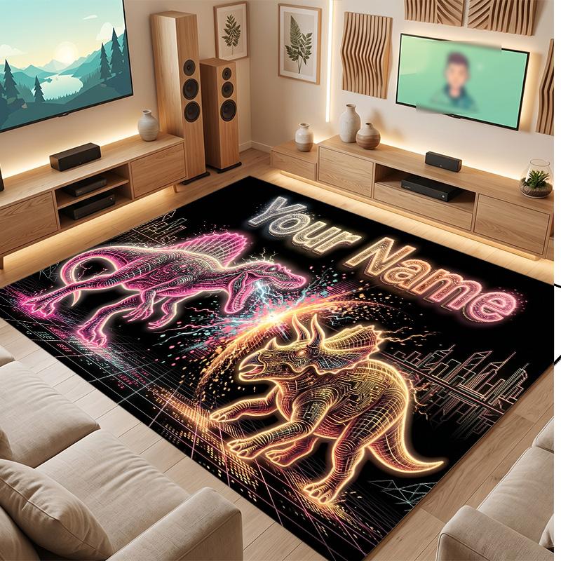 Dinosaur Theme Soft Crystal Velvet Rug Custom Name & Text Print Non Slip Floor Rug for Bedroom Living Room