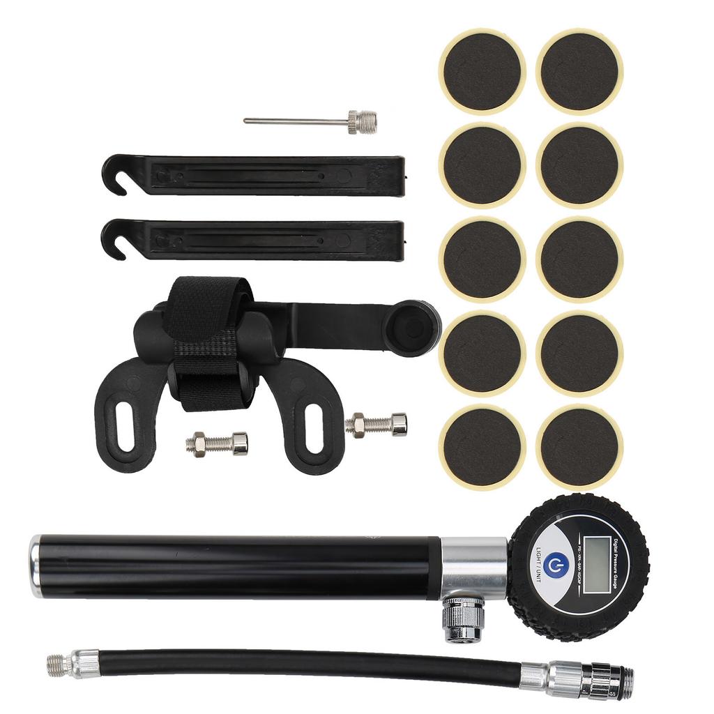 Bicycle Digital Display Air Pump with Needles Hose Kit Bike Tire Puncture Repair Tool Set