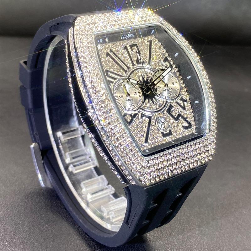 Full Diamond Hip Hop Wine Barrel Multifunctional Chronograph Large Dial Silicone Strap Watch