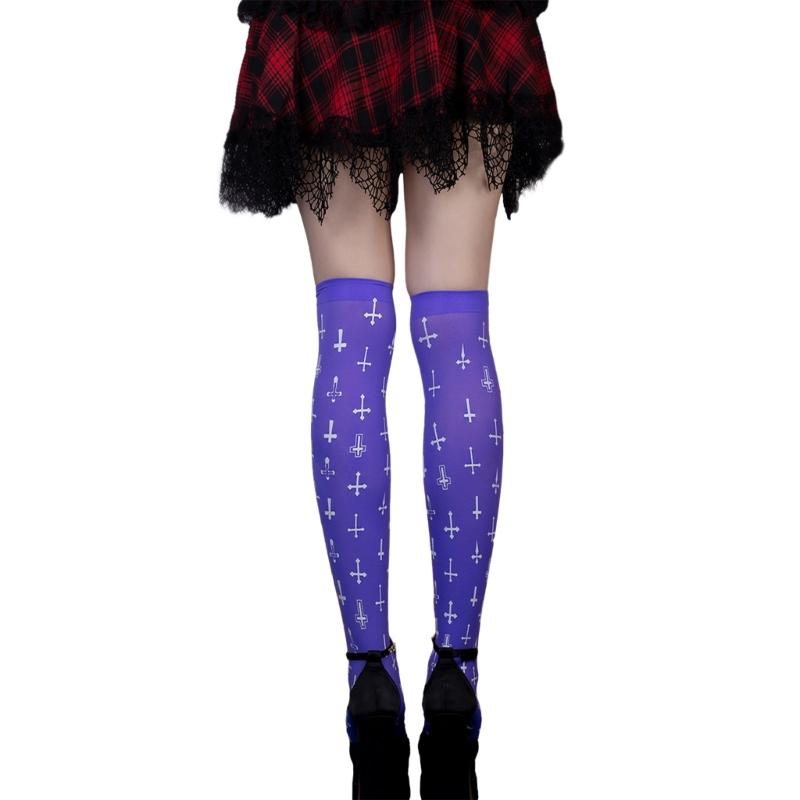 Women Thigh High Socks Over the Knee High Stockings Japanese Lolitas Cross Print Long Socks Thin Halloween Stockings