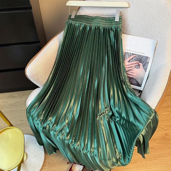 Maxi Skirt High Waist Glossy Long Skirt Solid Color Pleated Design Large Hem Dance Skirt Work Leisure Daily Wear