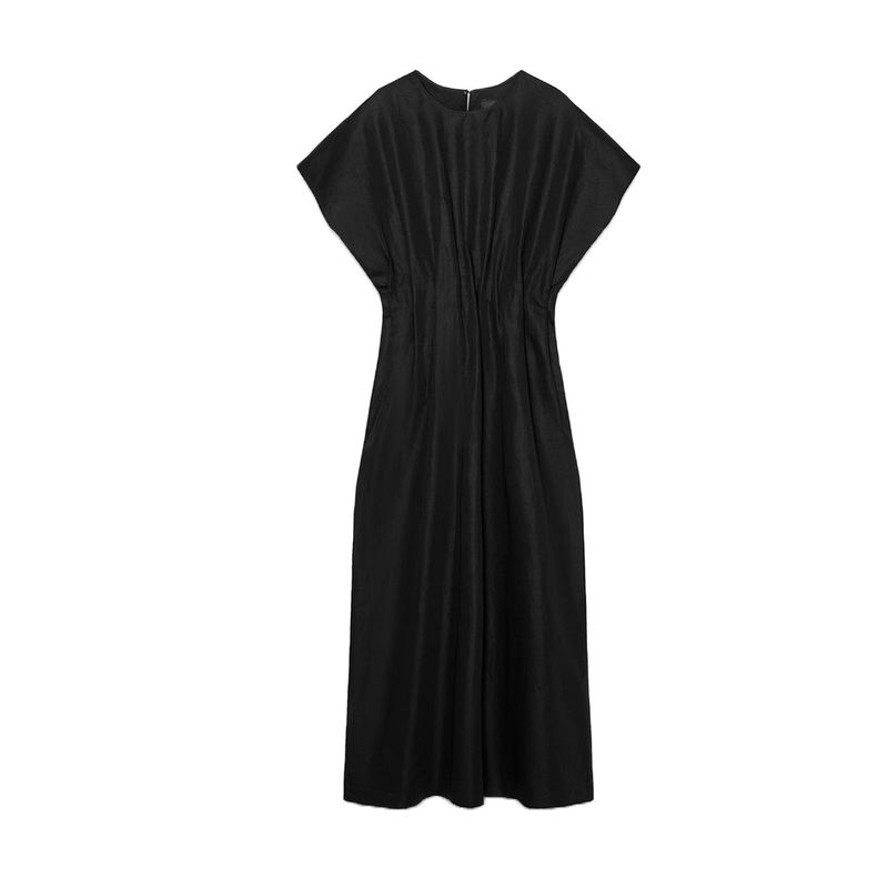 Summer New Women Clothes Basic Round Neck Casual Straight Pleated Short Sleeve Midi Dress 4333041