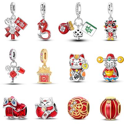 New 925 Silver Lucky Cat God of Wealth Charms Beads for Pandora Bracelet DIY Jewelry Happy New Year Gift