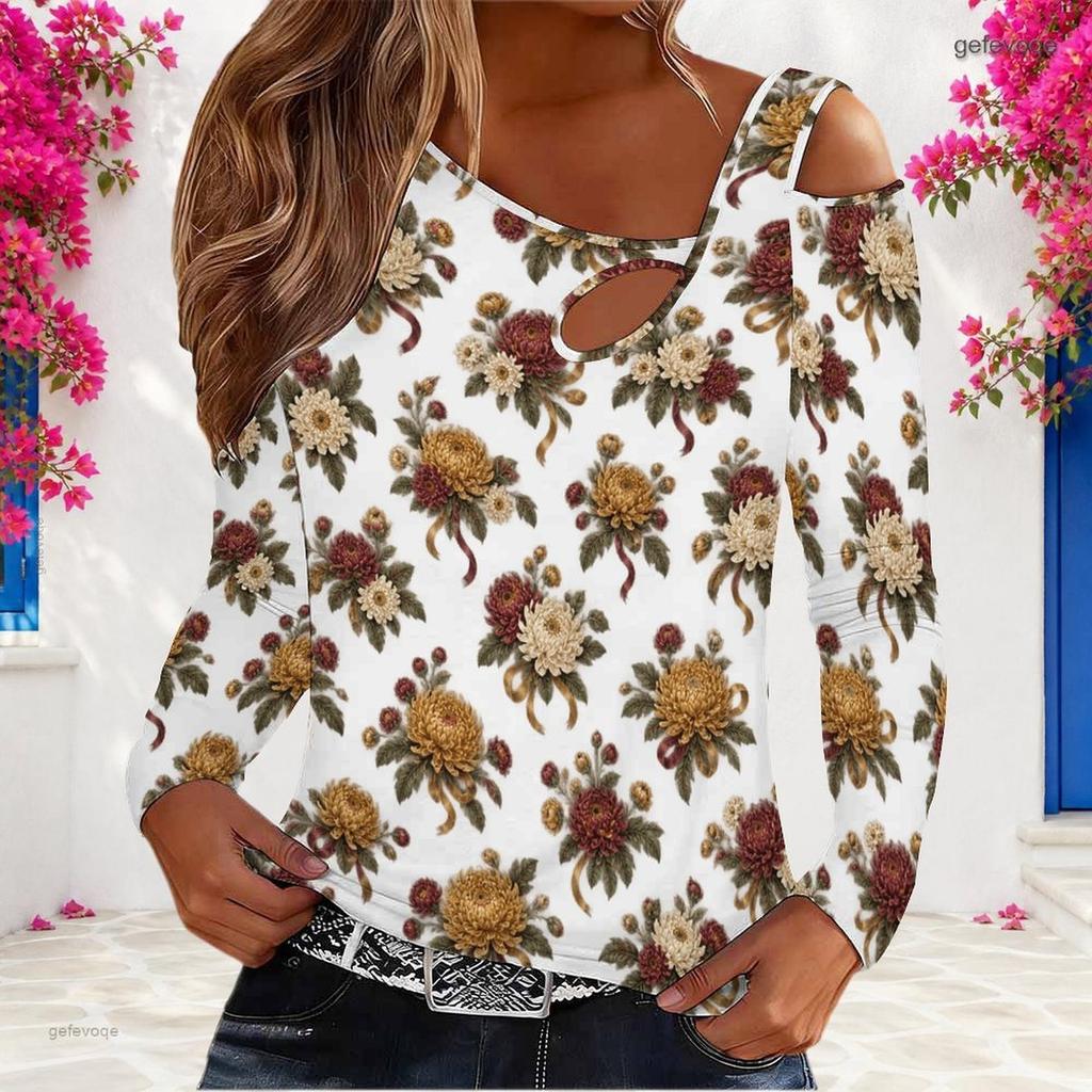 Women Plus Size White Asymmetric Cutout Neck Cold Shoulder Long Sleeve Floral Printed Top