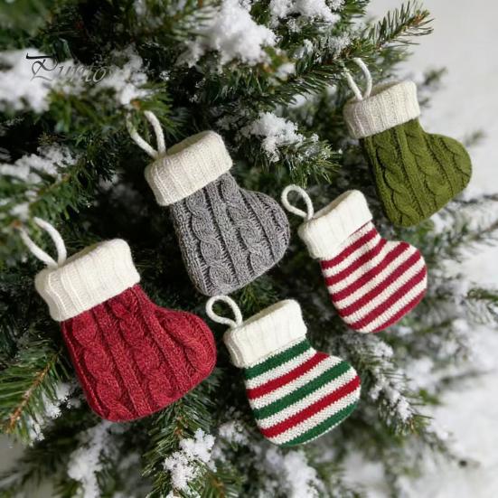 Festive Party Favor Pouches Mini Knitted Christmas Stocking Ornaments, Knit Xmas Tree Hanging Decor, Small Gift Card Holders Pendants for Tree,