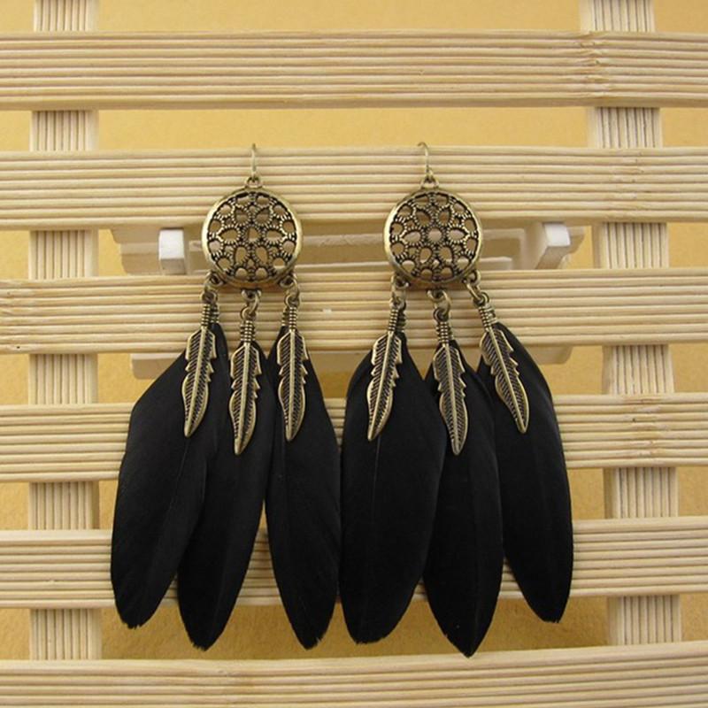 Hollow Vintage Leaf Feather Drop Earrings Bohemian Feathers Long Design Hollow Metal Earrings Ladies Zircon