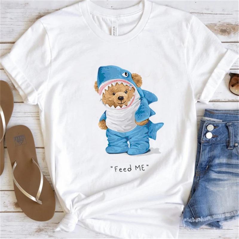 Cute Little Bear Print TShirt Summer Trend White Short Sleeve Neck Casual Sports Aesthetic Clothes Womens Graphic T Shirts