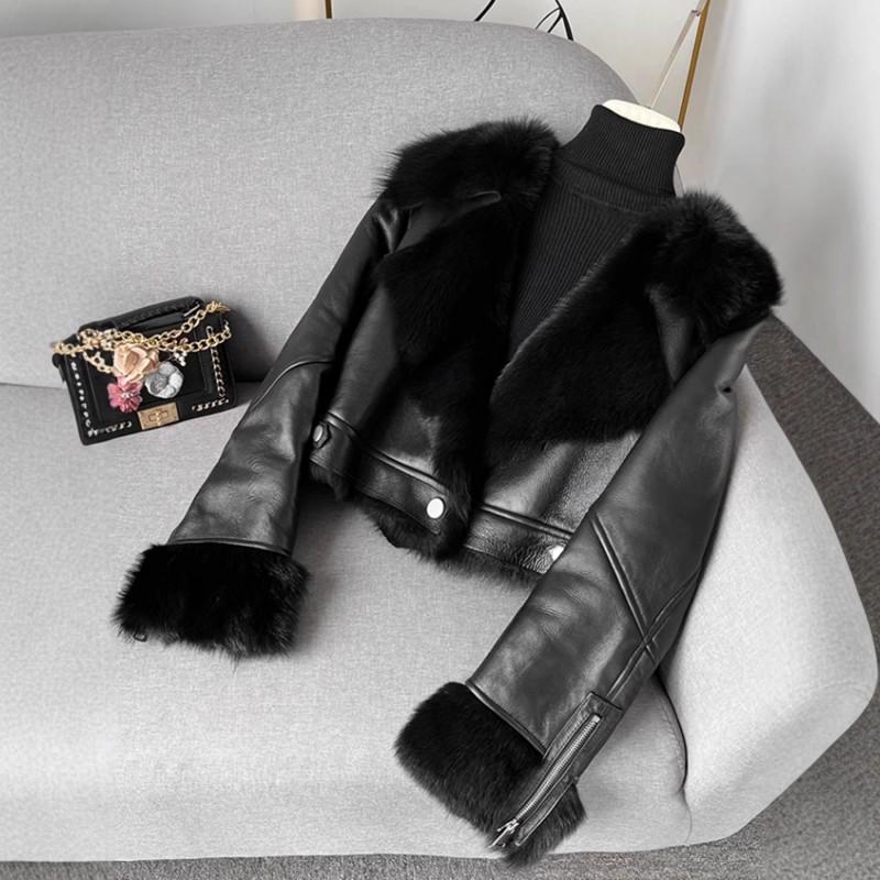 Womens Black Faux Leather Collarless Biker Jacket Thick Warm Short Winter Coat Loose Fit