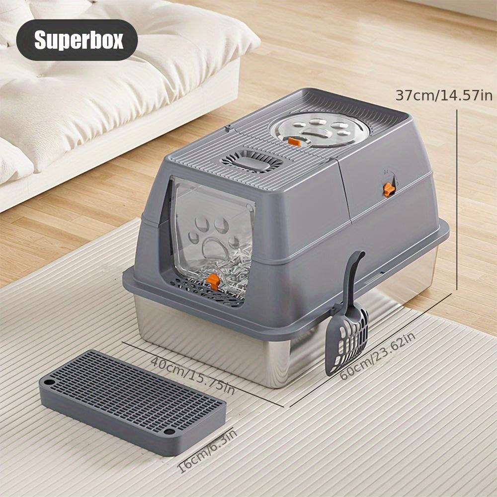 

XXL Туалет для кошек из нержавеющей стали с крышкой Большой закрытый с высокими бортиками Без запаха Легко чистить Защита от протекания мочи Съемная крышка темно серый