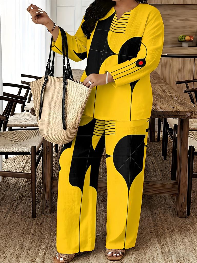 1116 European and American Geometric Printing V-neck Shirt High Waist Drape Wide Leg Pants Complete Set of Women's Clothing