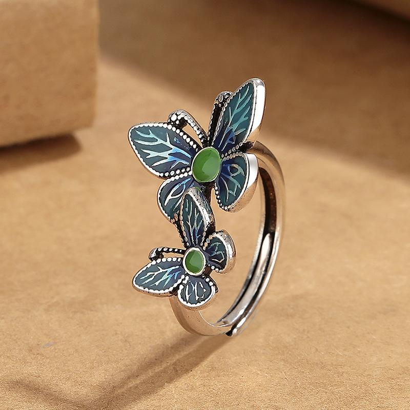 Exquisite Enamel Double Butterfly Rings Women Retro Ethnic Style ,Verse Adjustable Handdress 