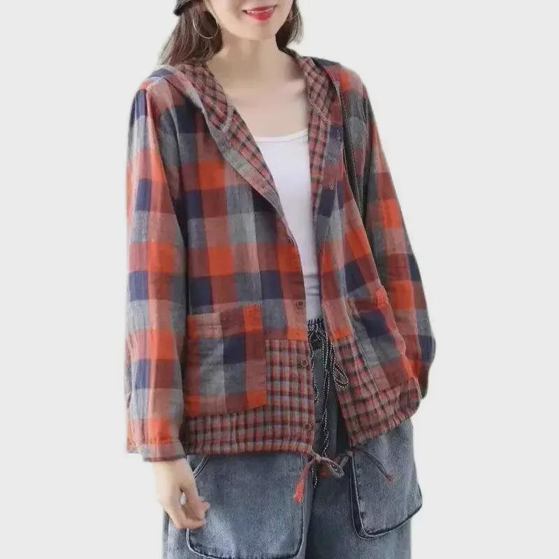 Women's Retro Plaid Hooded Cardigan Shirt