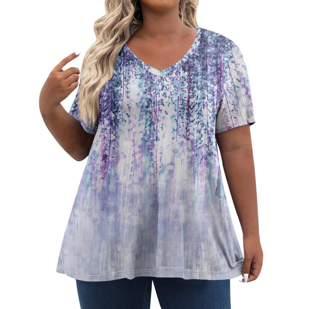 American Women's Clothing New Temperament V-neck Large Size Short-sleeved T-shirt Top Independent Day Personalized 3D Printing