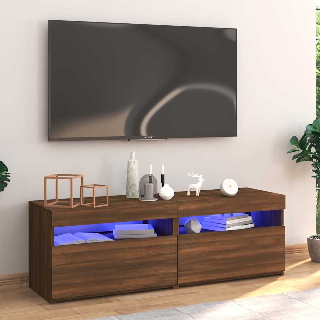 Moderner TV-Schrank Im Vintage-Stil Mit LED-Licht Außenansicht Aus Brauner Eiche 120x35x40 Cm