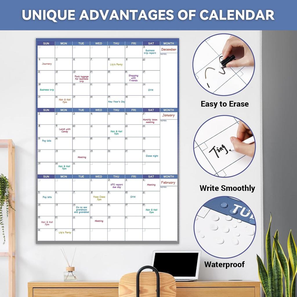 Large Dry Erase Calendar for Wall - Undated Wall Calendar Dry Erase, 28" x 40" (Vertical), Erasable & Reble Wall Calendar 3 Month with Round Stickers