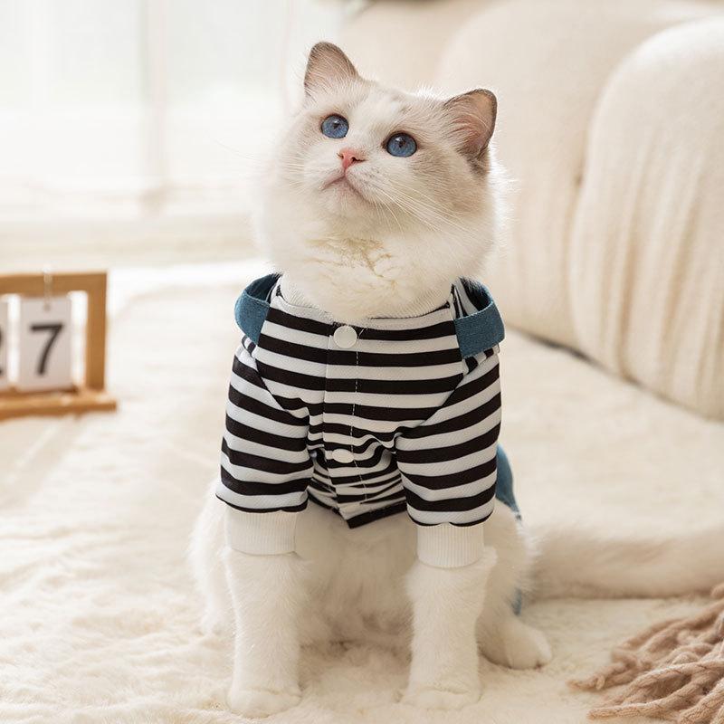Cat clothes Autumn and winter thin adult cat kitten anti-hair loss thermal overalls striped dog pet four-legged clothes