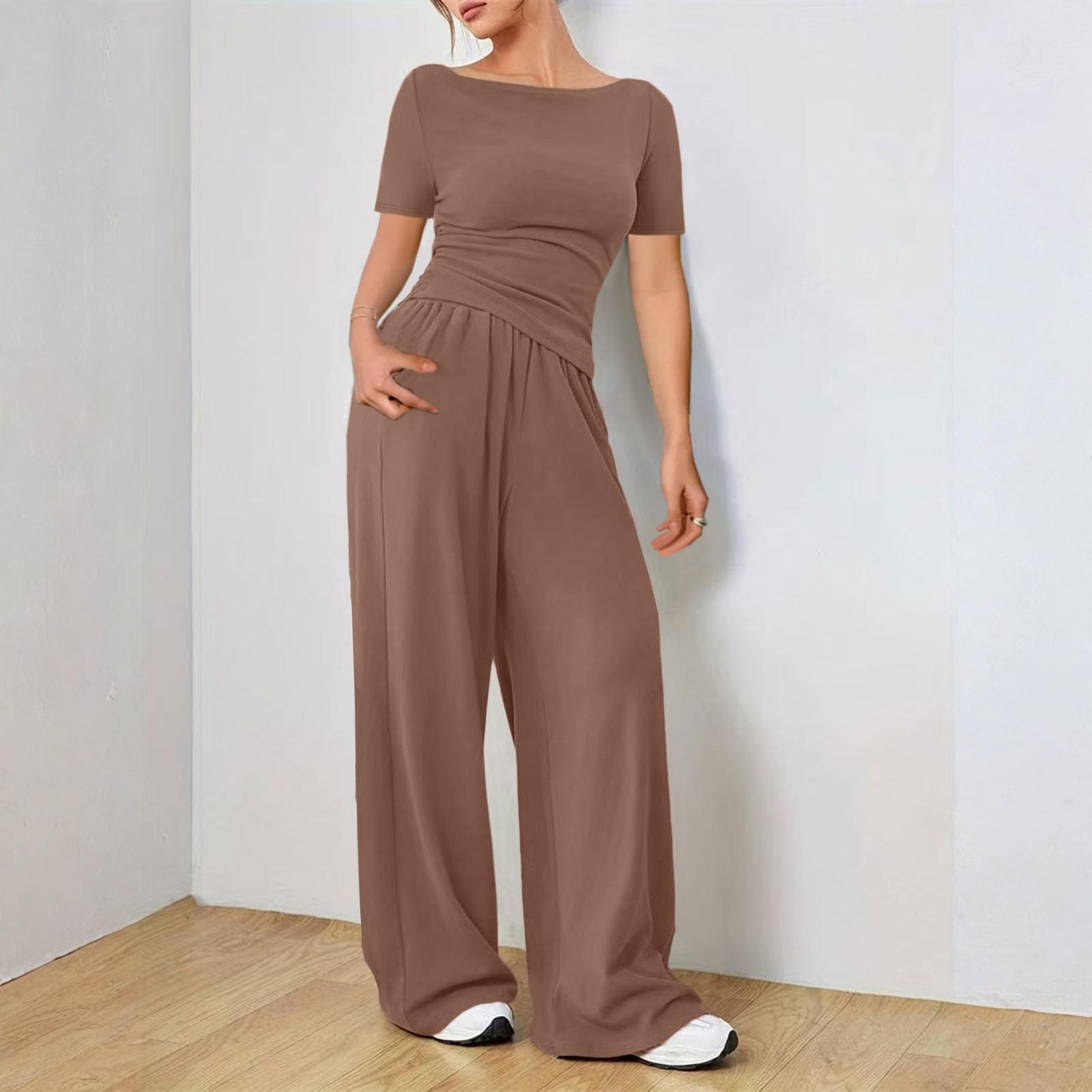 

Жіночі костюми-двійки: топи з коротким рукавом з драпіруванням + штани з широкими штанинами, спортивні костюми XL хакі