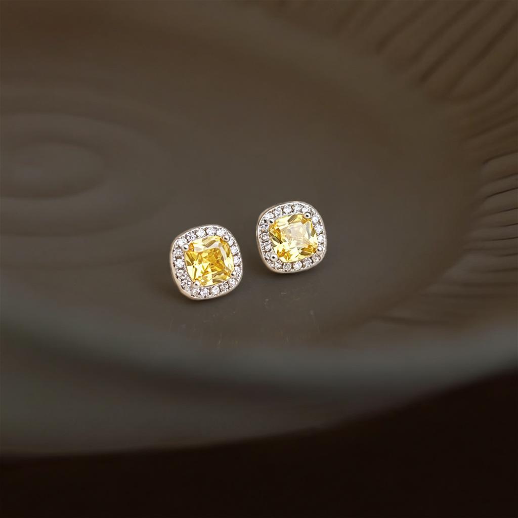 Fashion Minimalist Geometric Square Citrine Stud Earrings for Women