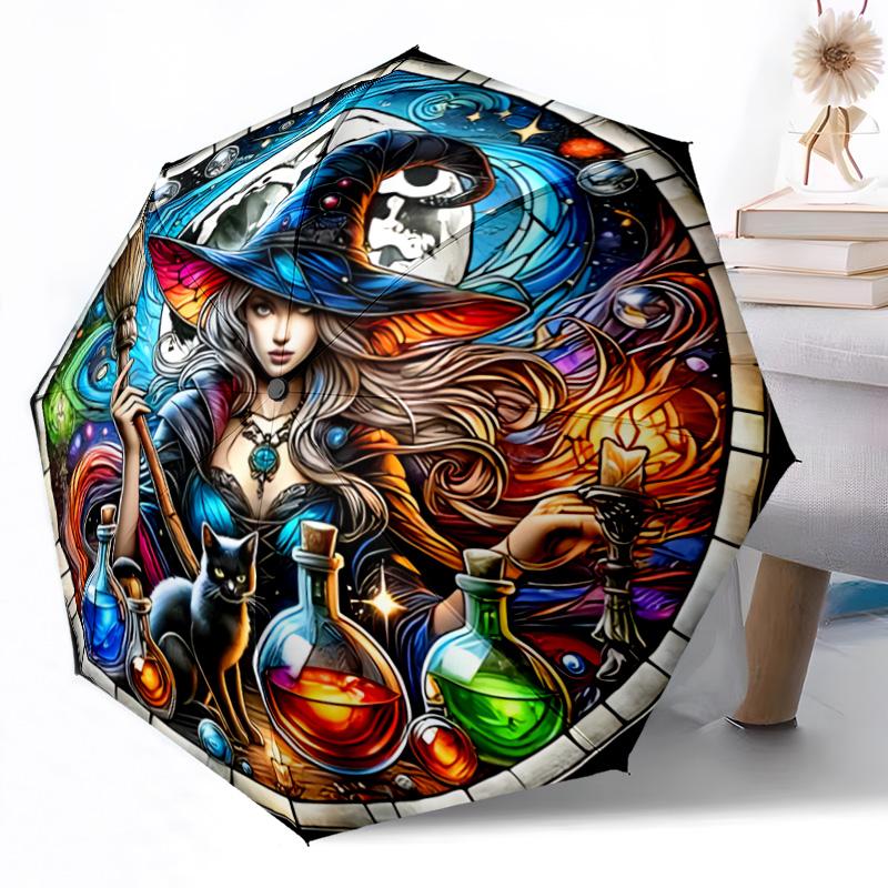 Witchcraft in Stained Glass Outdoor Automatic Umbrella Retractable Design with 8-Rib Durability Lightweight Perfect Gift for Friends Family