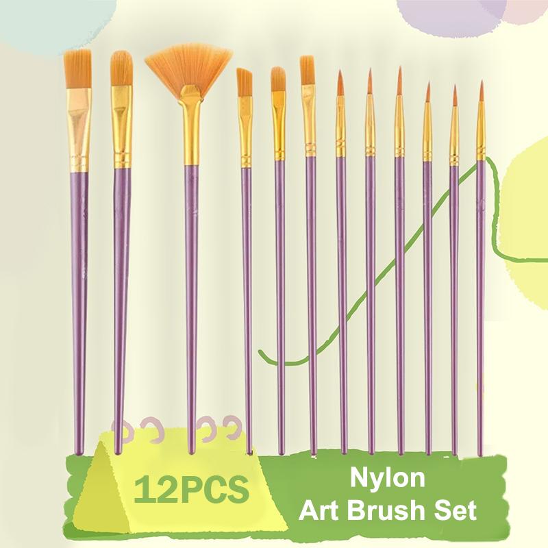 Künstler-Nylon-Flachpinsel-Set 12 Stück Borsten-Aquarellpinsel für Öl-Acrylmalerei Kunstwerkzeuge für Schule und Atelier