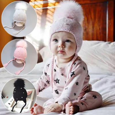 Cute Pompom Baby Winter Spring Hat Pearl Knitted Girls Hat Ear Warmer Children Beanie Cap