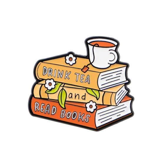 Brooch Pin, Thick Zinc Alloy Base Brooch, Literary Tea Drink Book Design Lapel Pin, Wear-Resistant Safety Buckle Pin Gift Accessory оранжевый