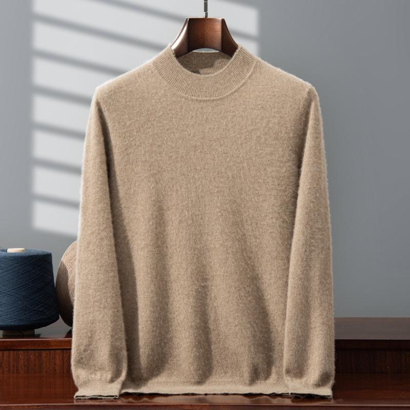 Men's 100% Pure Cashmere Double-Layer Sweater, Semi-High Neck, 2025 Autumn/Winter Thick Knit Base Layer