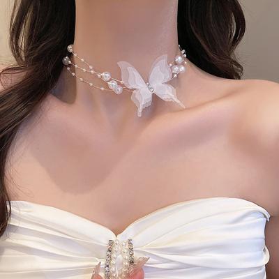 Korean Butterfly Imitation Pearl Chain Choker Necklace Fairy Butterfly Layered Pearl Clavicle Chain Necklaces Women Jewelry