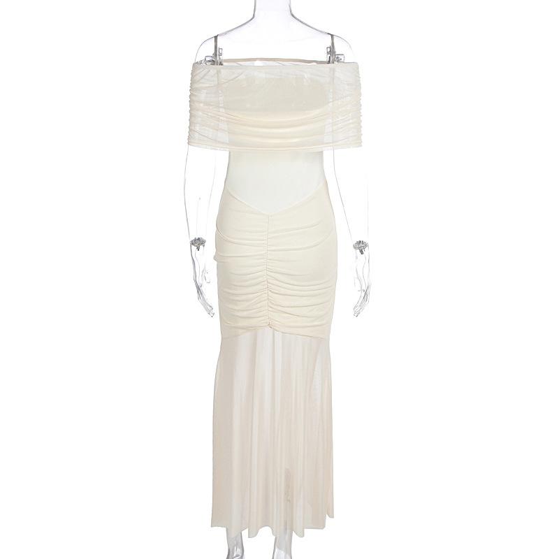 Spring Off-Shoulder Backless Maxi Dress For Women Gown Fashion Mesh Strapless Sleeveless Bodycon Long Dress Elegant