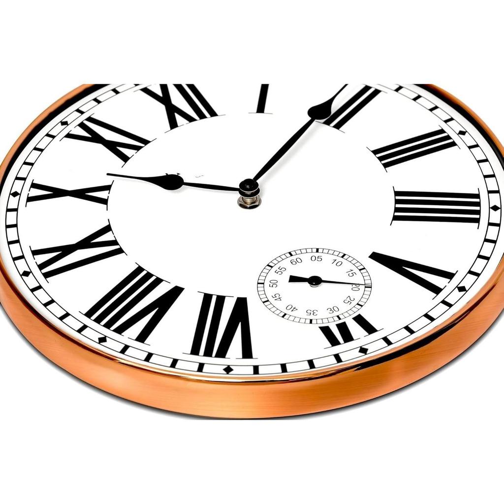 Analog Wall Clock with Sub-Second Dial (12 Inch) (Rosegold, with HD Clear Curved Glass)(Silent Sweep Movement Technology)(Fleet Street in Rose)
