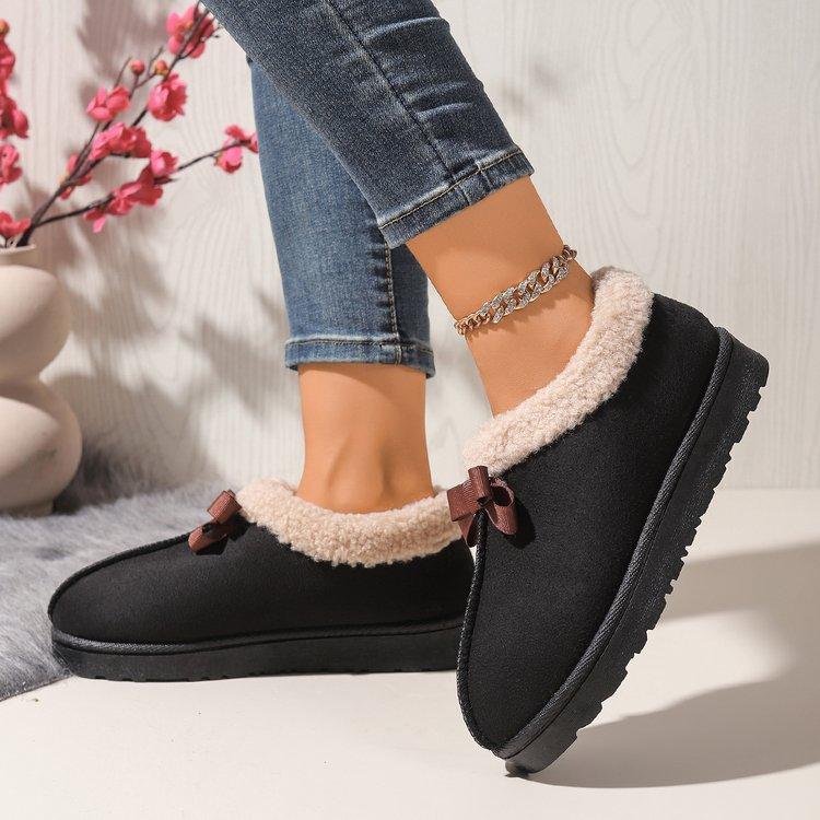Autumn Winter Women's Footwear Plush Snow Boots Bow-tie Suede Warm Slip On Round Toe Boots Non-slip Thick Bottom Women Shoes