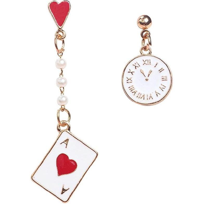 Серьги «Дама Червей» для женщин Сердечные Карточные Серьги Асимметричные Длинные Часы Карточные Серьги-Подвески Красные Карты Червей и Пик Туз Игральные Карты A