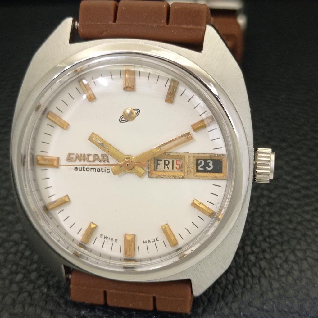 VINTAGE ENICAR AUTOMATIC SWISS MENS WHITE COLOR DIAL WATCH A700341-5 R202-a700341