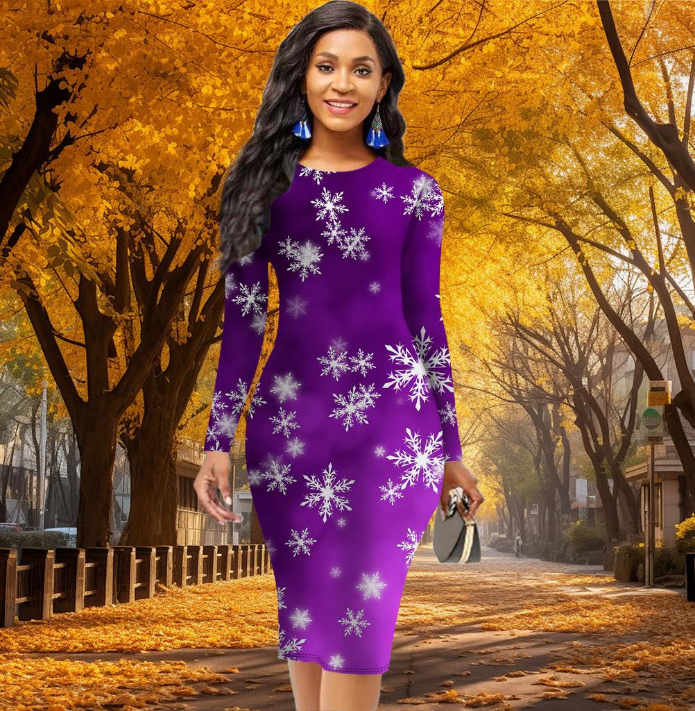 Long Sleeve Waist Tight Office Slim Fit Hexagonal Snowflake Printing Elegant Bodycon Dress