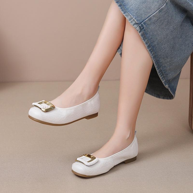 New soft-soled comfortable shallow-mouth single shoes women's shoes cowhide one-pedal single shoes square buckle flat shoes grandma shoes